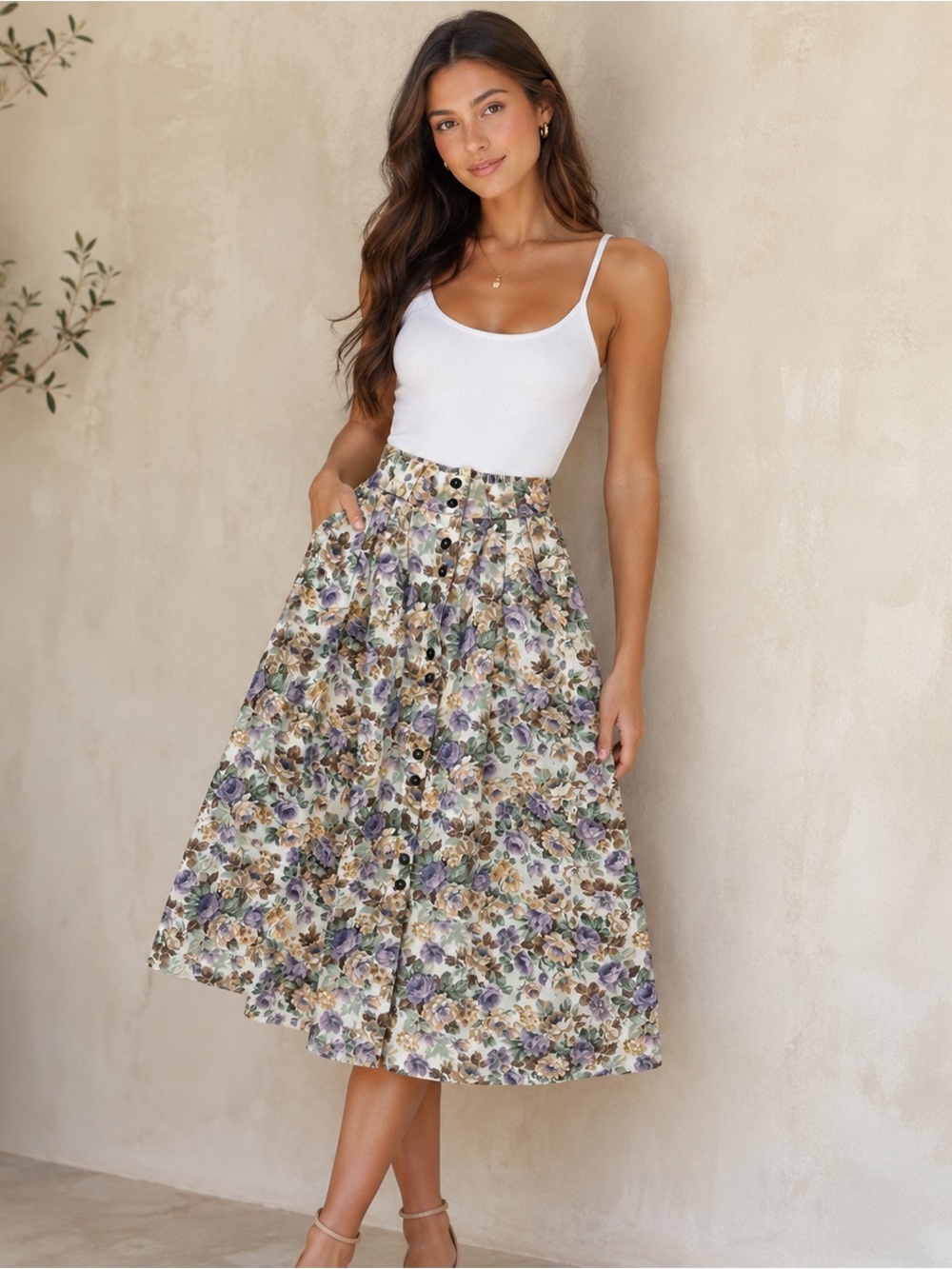 Vintage Samantha Floral Cotton Midi Skirt Made USA Size 6 Cottagecore‎